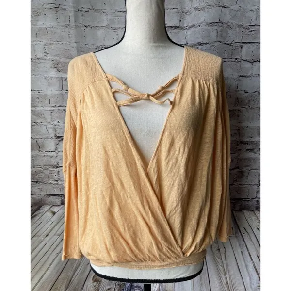 Free People Womens Shirt Sz S‎ Double Knot Peach Crop Top 3/4 Sleeve Open Front - Image 3