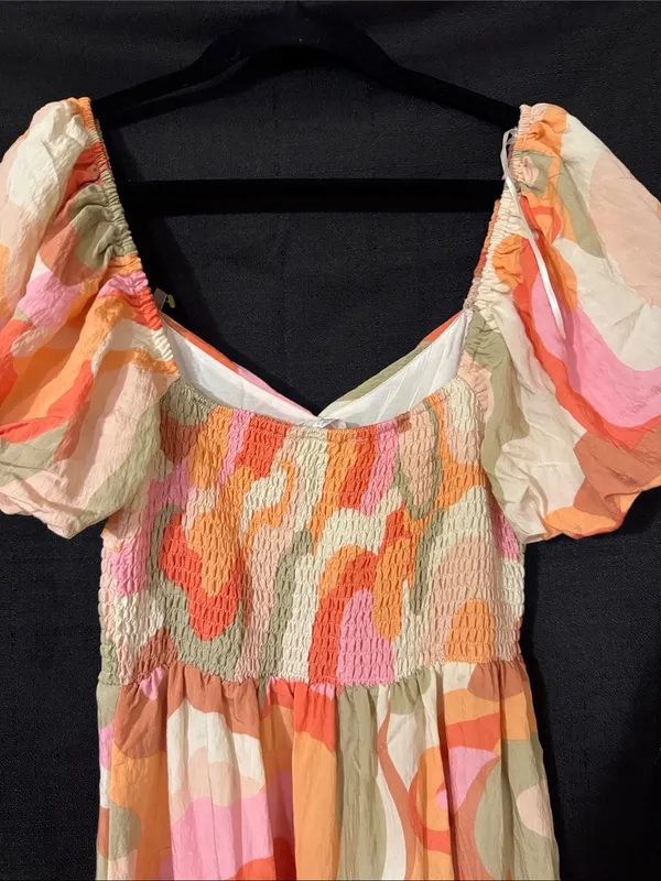 In the Beginning Pink & Orange Floral Midi Dress with V Neckline - Image 6