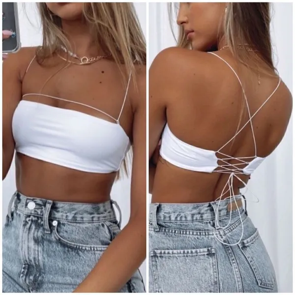 White Fox Boutique Black Strappy Criss Cross Lace Up Back Crop Top Bralette Sz L - Image 5