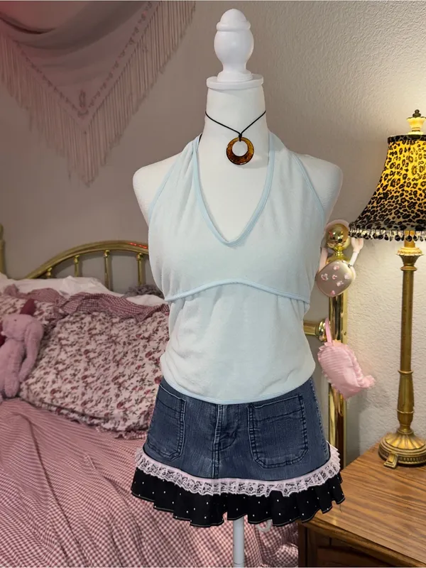 Y2K Terrycloth Light Blue Halter V-Neck Women's Tank Top - Image 2