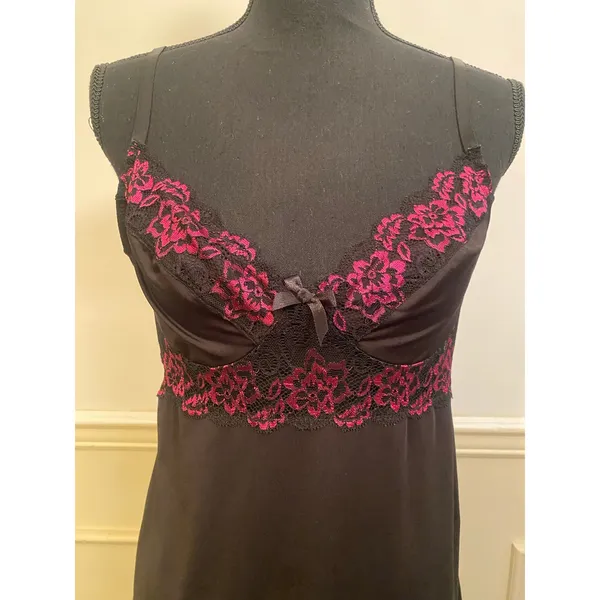 Black Chemise Nightgown Slip Dress with Pink Lace Trim and Bow Y2K - Image 2