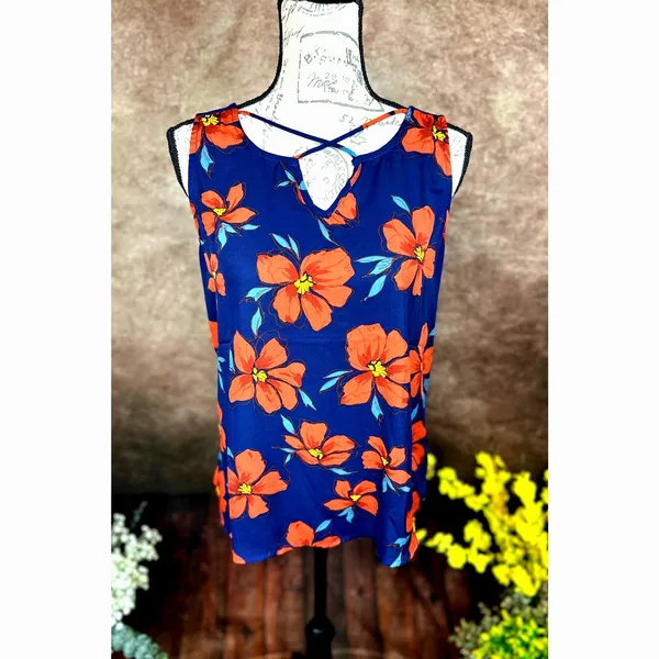 Fortune + Ivy Kason Split Neck Sleeveless Blouse Blue Red Floral L - Image 2
