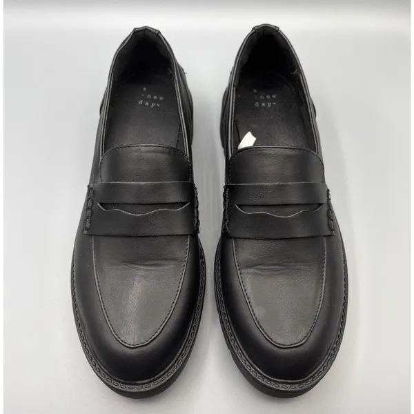 A New Day Chunky Penny Loafers Size 9.5 Black Faux Vegan Leather Dark Academia - Image 2