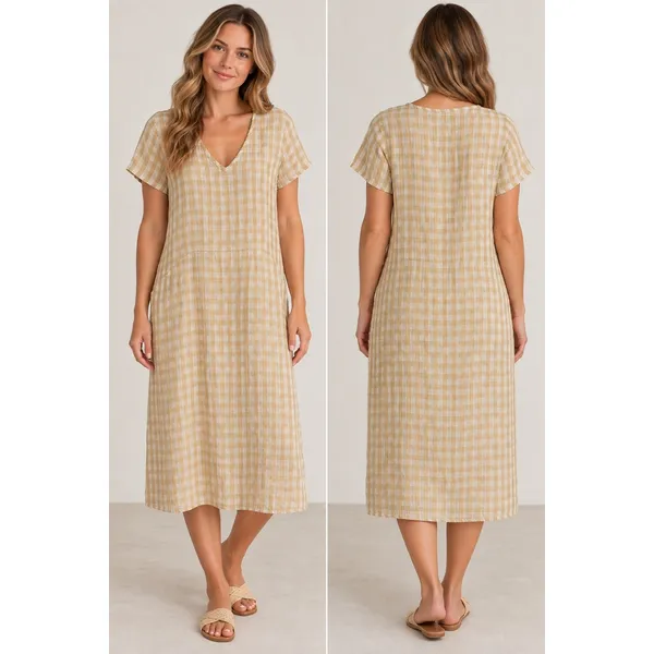 Flax 100% Linen Beige Tan Gingham Midi Dress Coastal Lagenlook Womens Small - Image 2