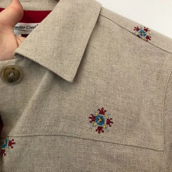 COLDWATER CREEK Beige Tan Red Blue Cross Stitch Linen Etc Shacket Jacket Medium - Image 6