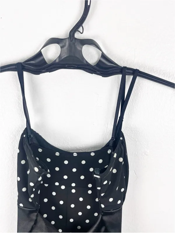 LIPSTICK Black White Polka Dot Bow Waist Spaghetti Strap Bubble Hem Dress Small - Image 5