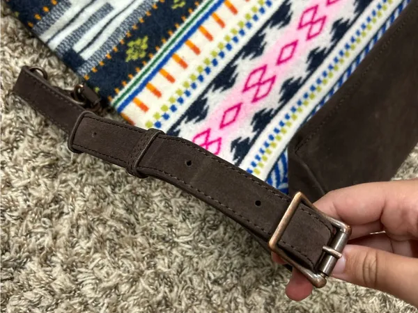 Pendleton Brown Suede Messenger Tote with Multicolor Patterned Pocket and back - Image 8