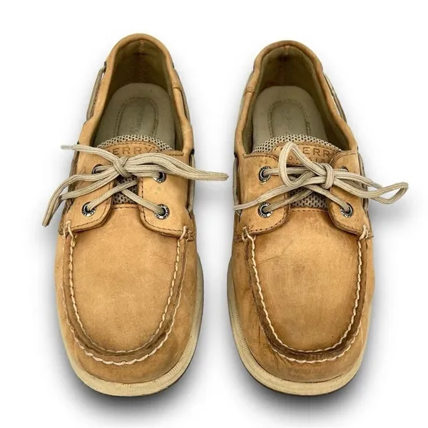 Sperry Top-Sider Intrepid 2 Eye Leather Mesh Linen Tan Beige Loafer Boat Shoes 7 - Image 2