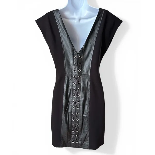 Boston Proper Black Leather Ribbon Tie Back Dress Size 6 Vintage Y2K - Image 2