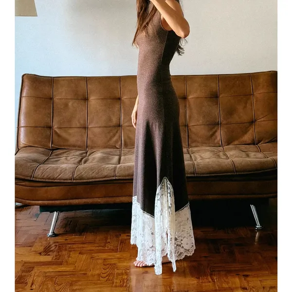 Zara NWT brown lace hem fitted long maxi dress - Image 3