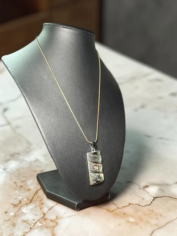 Abalone Paua Shell Inlay Rectangle Pendant Necklace Gold Tone Snake Chain Boho - Image 4