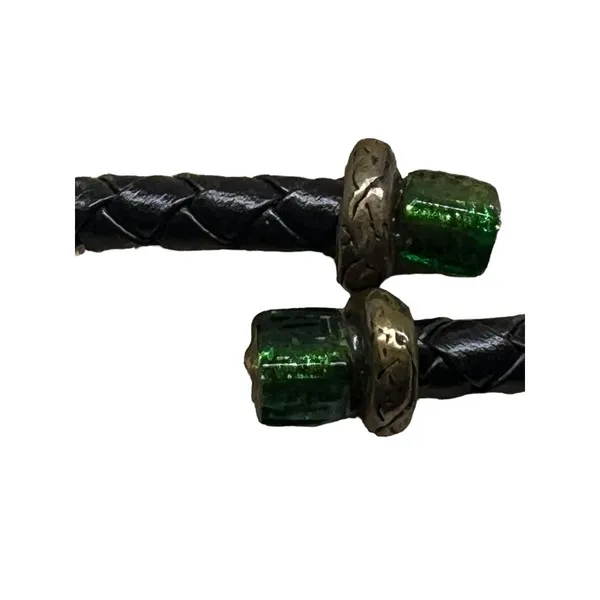 Chico's Chicos Collar Choker Necklace Black Leather Braid Green Black Glass Bead - Image 5