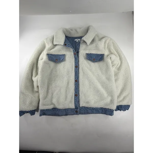 BP Reversible Denim Faux Shearling Jacket Blue Ivory Button Front Womens XL - Image 7
