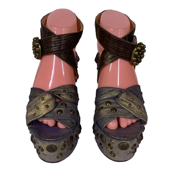 Guillaume Hinfray Gold An Blue Leather Studded Distressed Wedge Heels (36) - Image 2