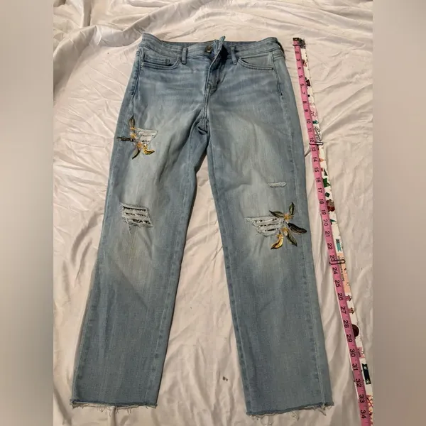 White House Black Market Light Wash Embroidered Distressed Straight Leg Jeans - Image 3