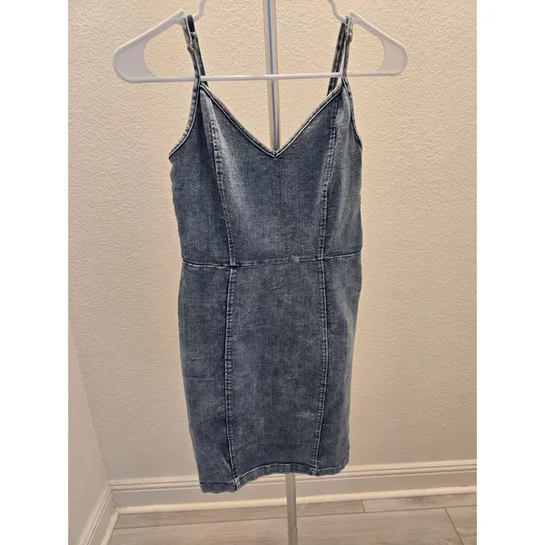 Iris Acid Wash Denim Mini Dress Spaghetti Strap V Neck Zip Back Women Size M Y2K - Image 2
