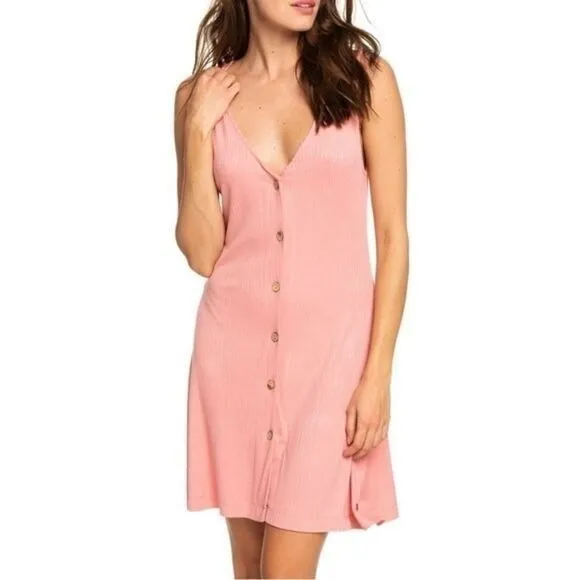 Roxy Pink Peach Dream Do‎ Ribbed Wood Button Front Mini Dress V Neck small - Image 6