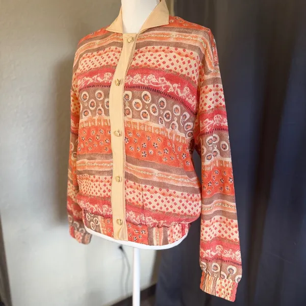 Oleg Cassini Vintage Silk Bomber Jacket Orange Geometric‎ Floral Print Small - Image 13