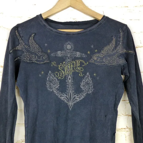 VTG Sinful Affliction Thermal Waffle Top Women M Black Destroyed Bird Tattoo Y2K - Image 3