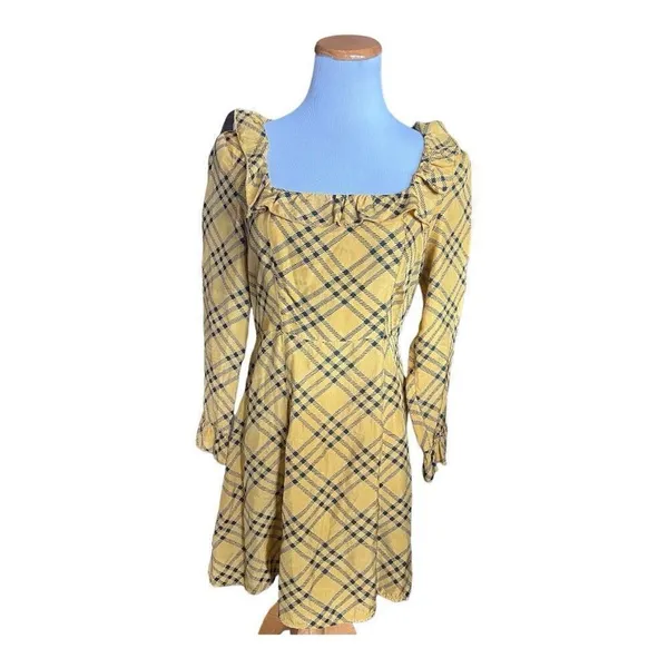 Womens Urban Outfitters Womens Yellow Plaid Dark Academia Ruffle Neck Dress Sz M - Image 4