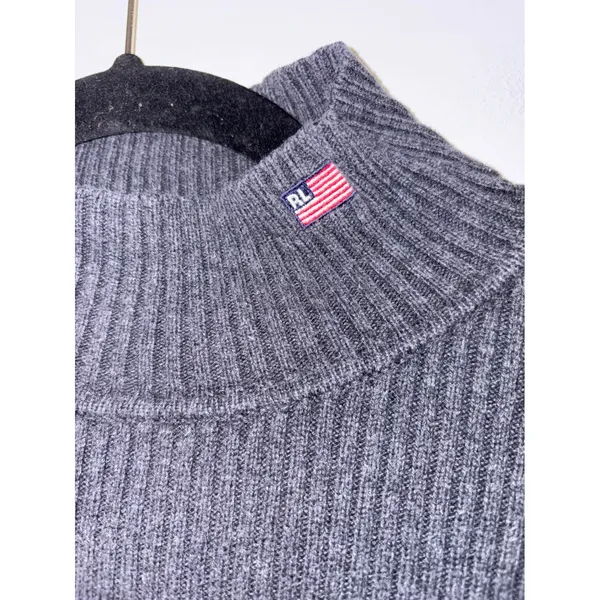 Polo Jeans Co Ralph Lauren Mock Neck Ribbed Cotton Sweater Grey XL Flag Logo‎ - Image 2
