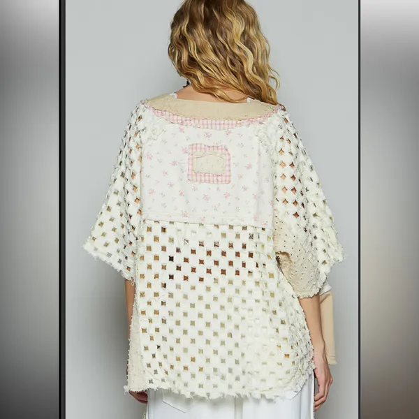 M POL Patchwork Cream and Beige Crochet Sleeve Cardigan - Image 3