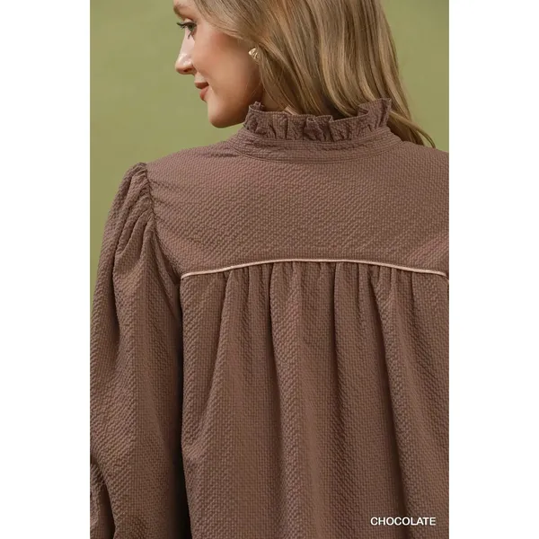 Umgee Textured Puff Sleeve Mini Dress - Chocolate - Small - Image 5