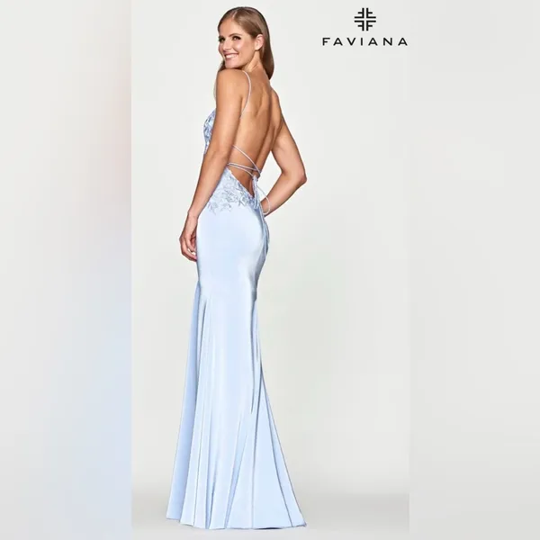Faviana Lace Applique V Neck Prom Dress With Lace Up Back - Image 2