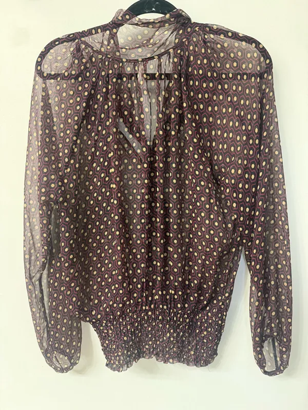 FREE PEOPLE Sheer Burgundy Geometric Tie-Neck Blouse Women’s Size medium - Image 2