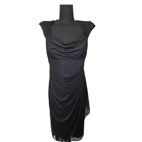 Black Lace Cap Sleeve Dress Sz 8 Cowl Neck Ruched Flattering Cocktail HOCO Gala - Image 16