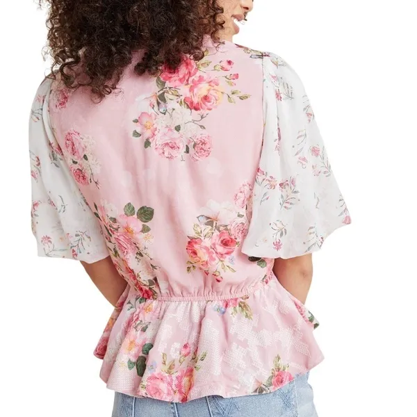 Anthropologie Hemant & Nandita Pink Embroidered Rose Garden Peplum‎ Blouse XS - Image 2