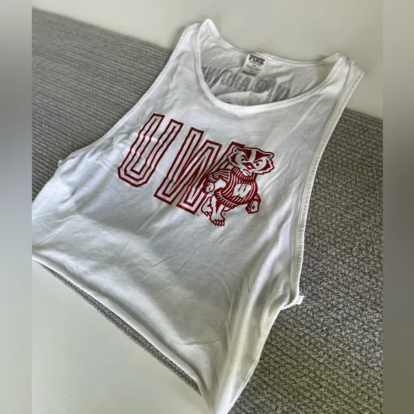 PINK UW Madison Badgers Cropped Backless Foil Print Graphic Tank Top Sz Large - Image 5