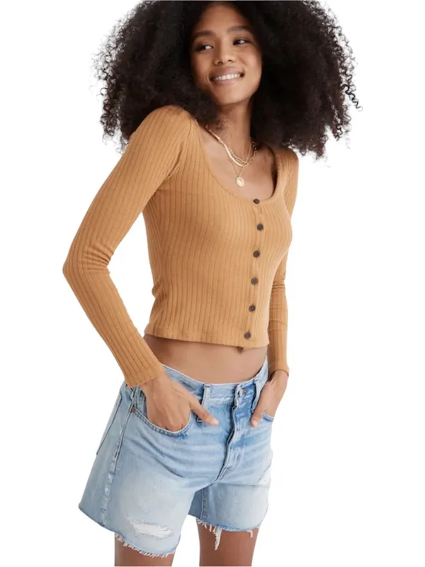 Madewell- Ribbed Button-Front Long Sleeve Crop Top Size XS - Image 2