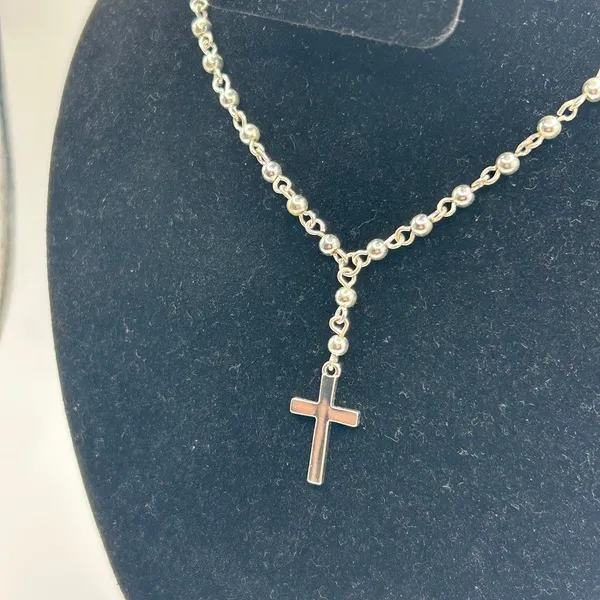 Vintage Real Silver Rosary Cross Pendant Beaded Chain Plated Stainless Steel - Image 2
