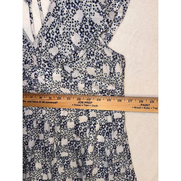 Anthropologie V-neck Plunge Tunic Mini Dress Blue White Floral Ruffle‎ Pockets - Image 11