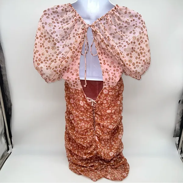 Free People Pink and Rust Brown Floral Ruched Mini Dress with Boho Feels-Size S - Image 6