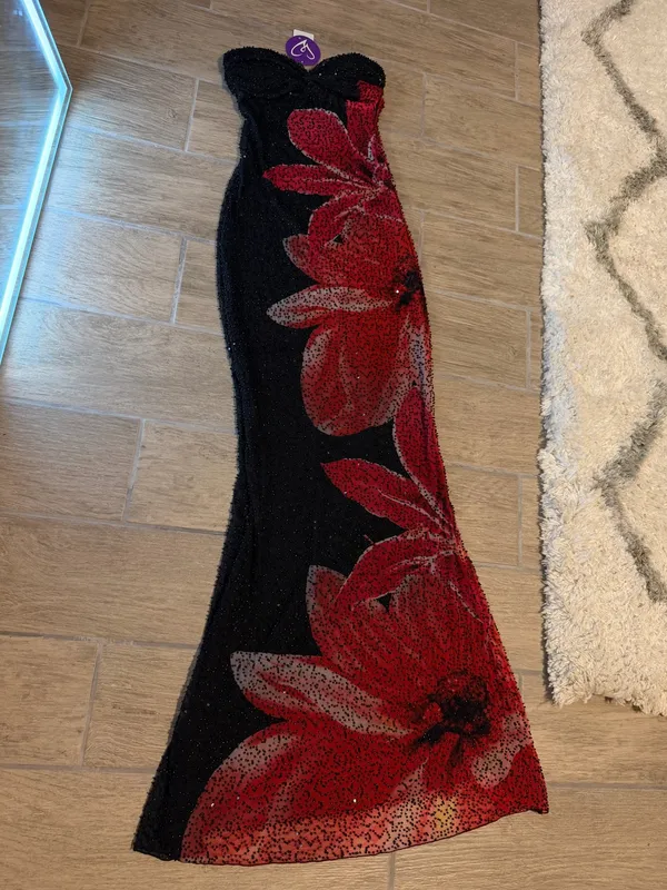 Windsor Black Strapless Sequin Gown with Red Floral Motif - Image 6