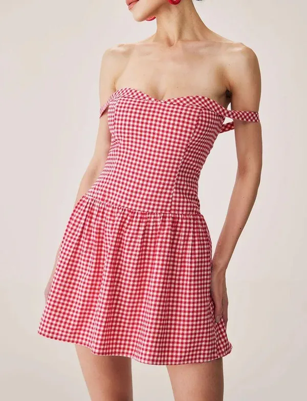 Rihoas Red Plaid Sweetheart Neck Slip Mini Dress - Image 5