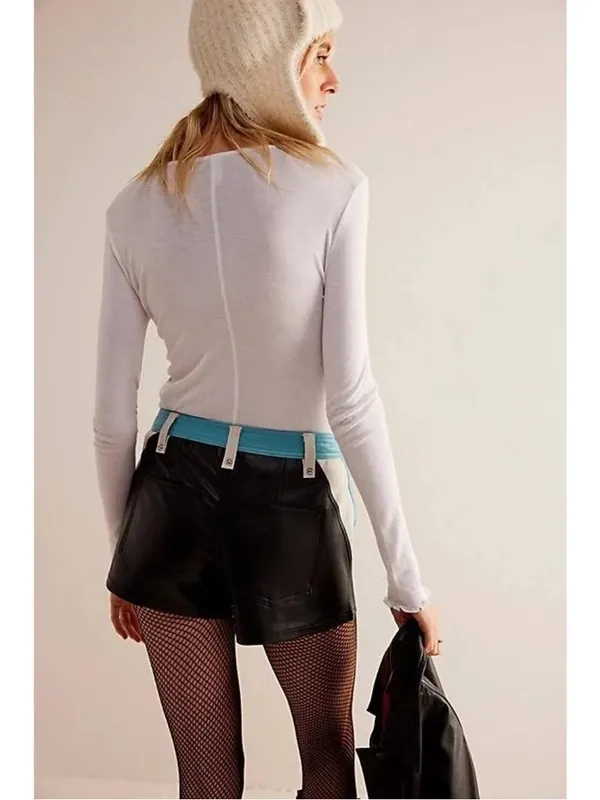 NWOT FREE PEOPLE Photo Finish Vegan Moto Shorts Black Teal Blue Zipper SZ-0 - Image 3