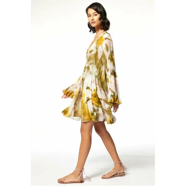 Young Fabulous & Broke Tie Dye‎ Mini Dress Womens Small Yellow Boho Bell Sleeve - Image 2