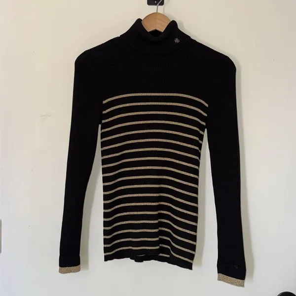 Lauren Ralph Lauren‎ Striped Turtleneck Sweater Small Black Gold Ribbed Knit - Image 6