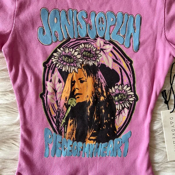 Free People Pink Purple Janis Joplin Piece of My Heart Ribbed Baby Tee Crop Top - Image 6