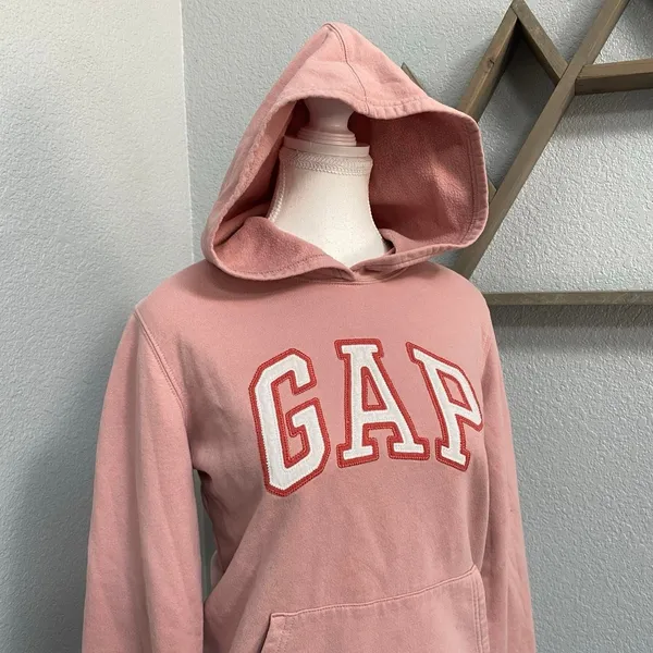 Gap Pink White Embroidered Hoodie Long Sleeve Pullover Kangaroo Pocket - Image 2