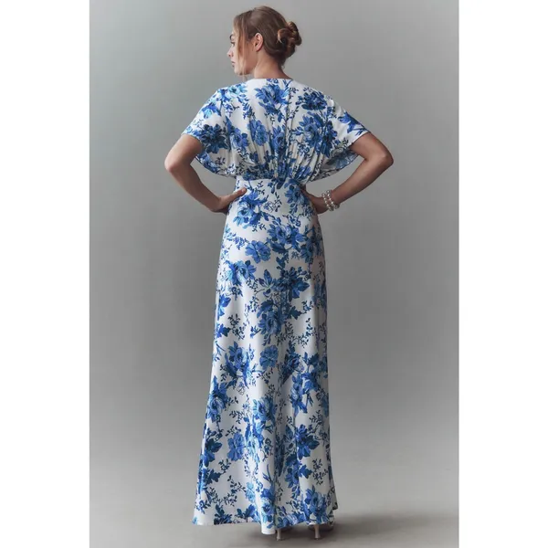 NEW BHLDN Leila Deep-V Flutter Sleeve Maxi Dress in Blue Floral Size 12 - Image 2