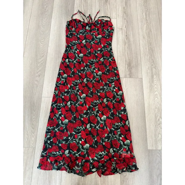 Commense Romantic Cottage Fairy Bulgarian Red Roses Floral Cami Midi Dress NWT L - Image 2