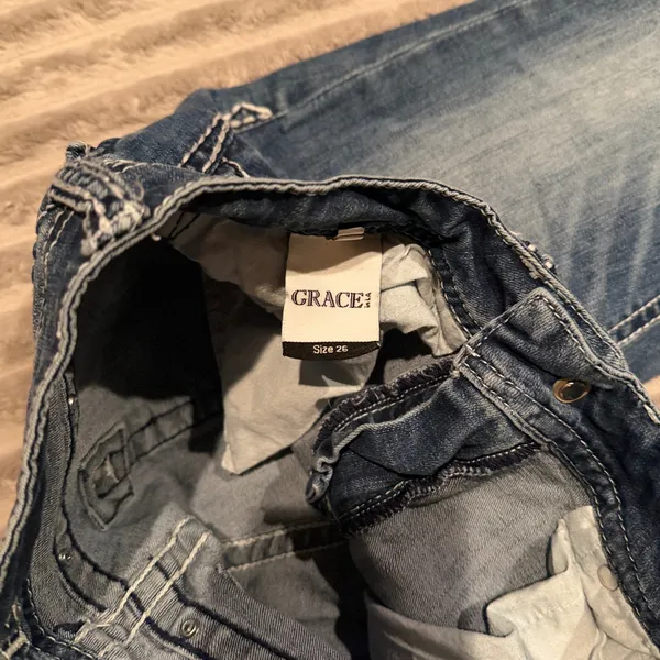 Grace in‎ LA Women Bootcut Jeans Blue Embroidered Rhinestone Wing Pocket Size 26 - Image 5
