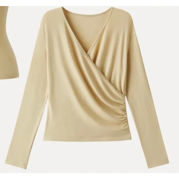 OGL Move Women XS Yellow Draped Wrap Front V-Neck Long Sleeve Athleisure Top Tee - Image 6