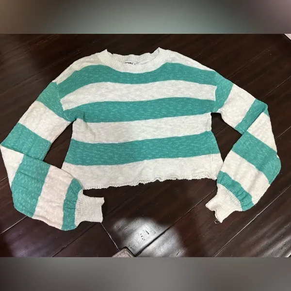 Beach Riot Teal and White Knit Sweater Bell Sleeve XS - Image 3