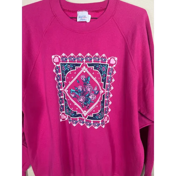 Vintage Santee Sweats Pluma Magenta Pink Floral Heart Graphic Sweatshirt 3XL USA - Image 2