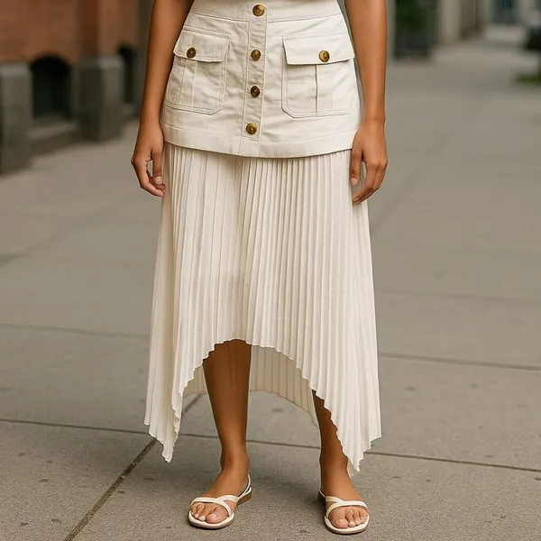 Patchwork Asymmetrical Pleated Buttoned Midi Skirt by COMMENSE. - Image 2
